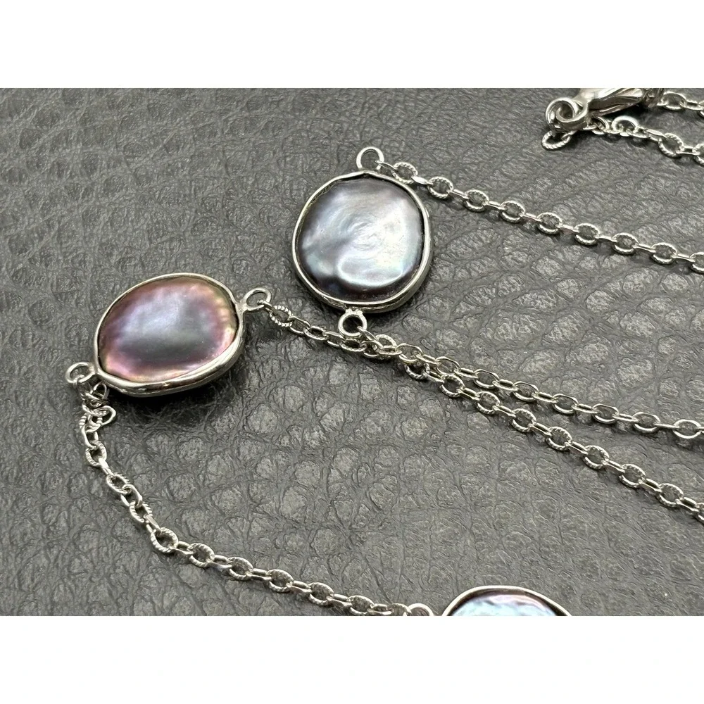 Sterling Silver Iridescent Peacock Coin Pearl Station Necklace 35